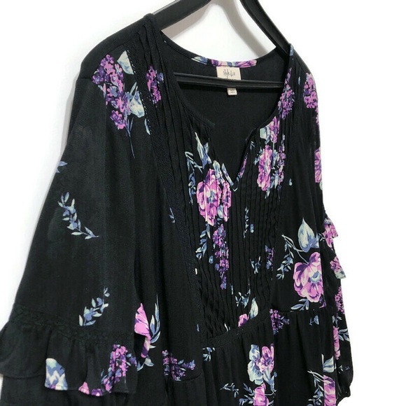 STYLE & CO Black Floral Ruffle Sleeve Boho Top XL - Picture 4 of 16